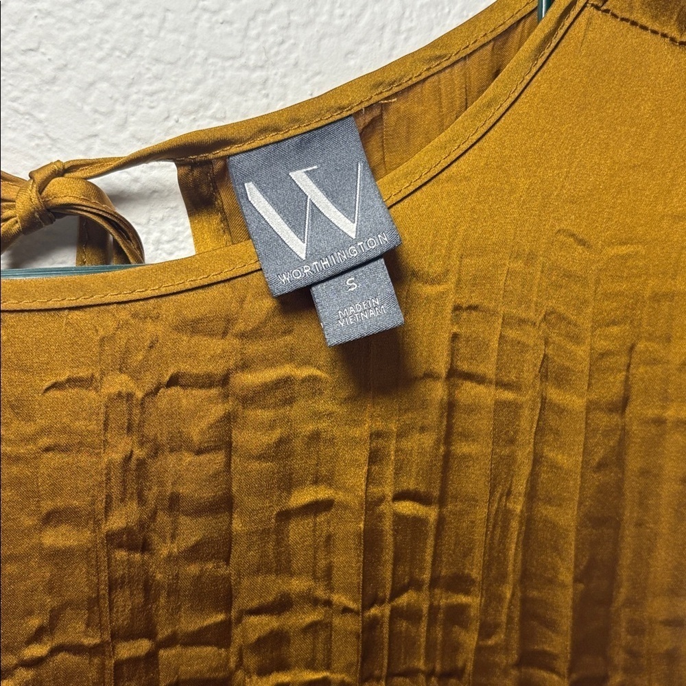 Worthington Gold Silky Crinkle Sleeveless Back Cutout A-Line Midi Dress small - Picture 4 of 8